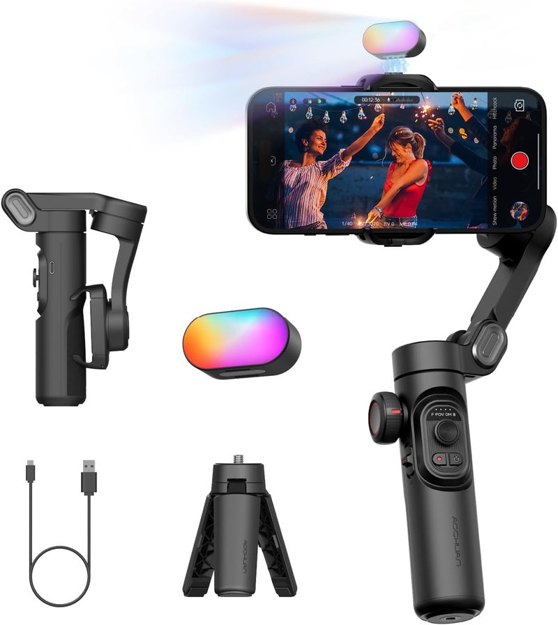 AOCHUAN 3-Axis Gimbal Stabilizer for iPhone Gimbal with RGB Magnetic Fill Light Upgraded Face Tracking Focus Wheel Foldable Smartphone for iPhone/Android Phone Stabilizer Vlog Recording Smart XE Kit - Image 1